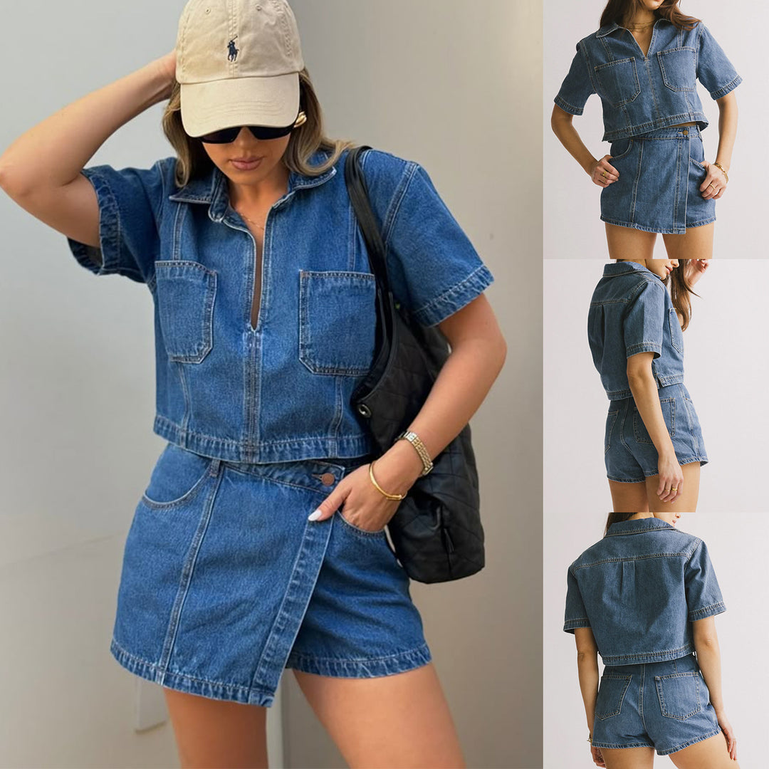 Women's casual denim short jacket set with matching skirt Lisslune