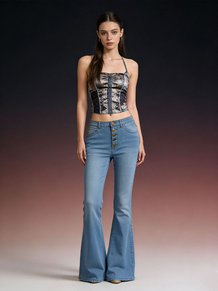 Damen Schlagjeans mit bunten Knopfdetails und hohem Bund Lisslune