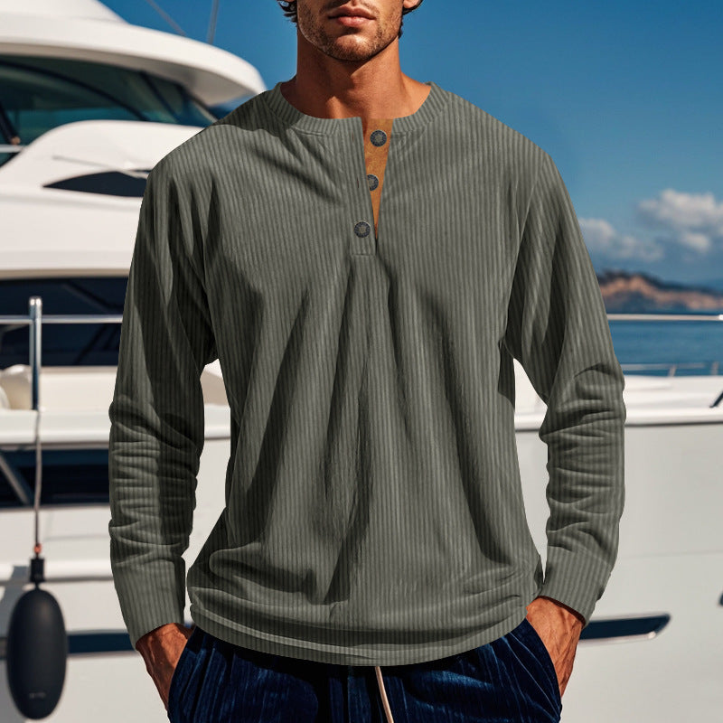 Men's Long Sleeve Shirt with Button Placket and Ribbed Texture Lisslune