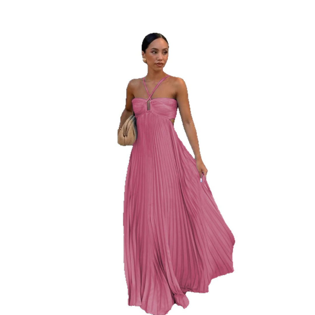 Women's pleated dress with off-the-shoulder design and refined strap details