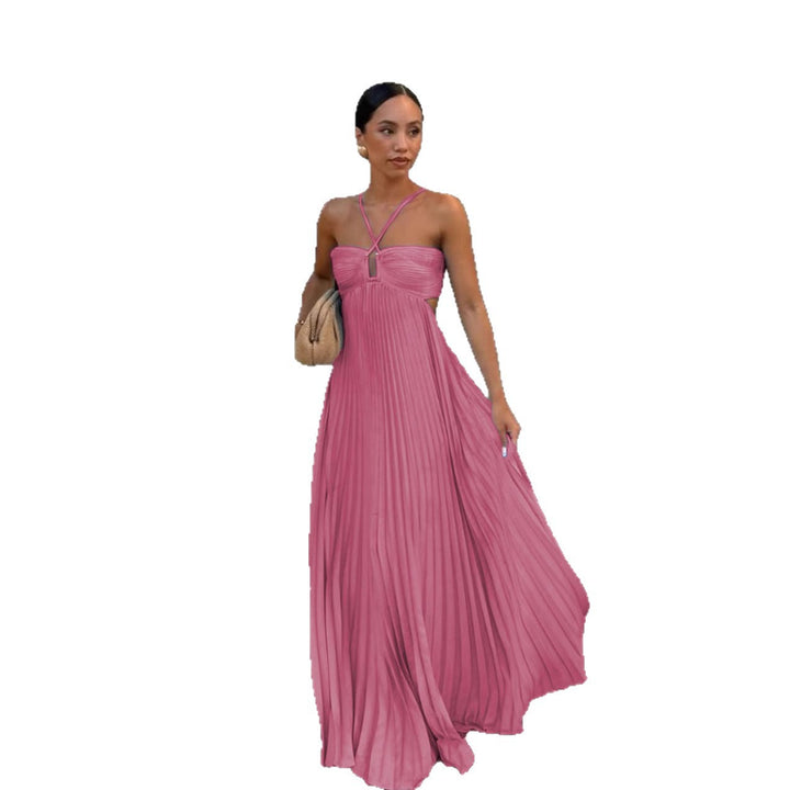 Women's pleated dress with off-the-shoulder design and refined strap details
