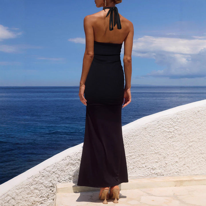 Damen Elegantes Maxi-Kleid mit sphärischem Halterneck und raffinierter Raffung Lisslune