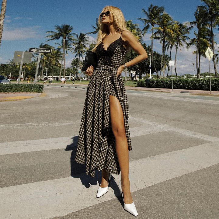 Women's maxi dress with exciting asymmetrical hem and fine lace details