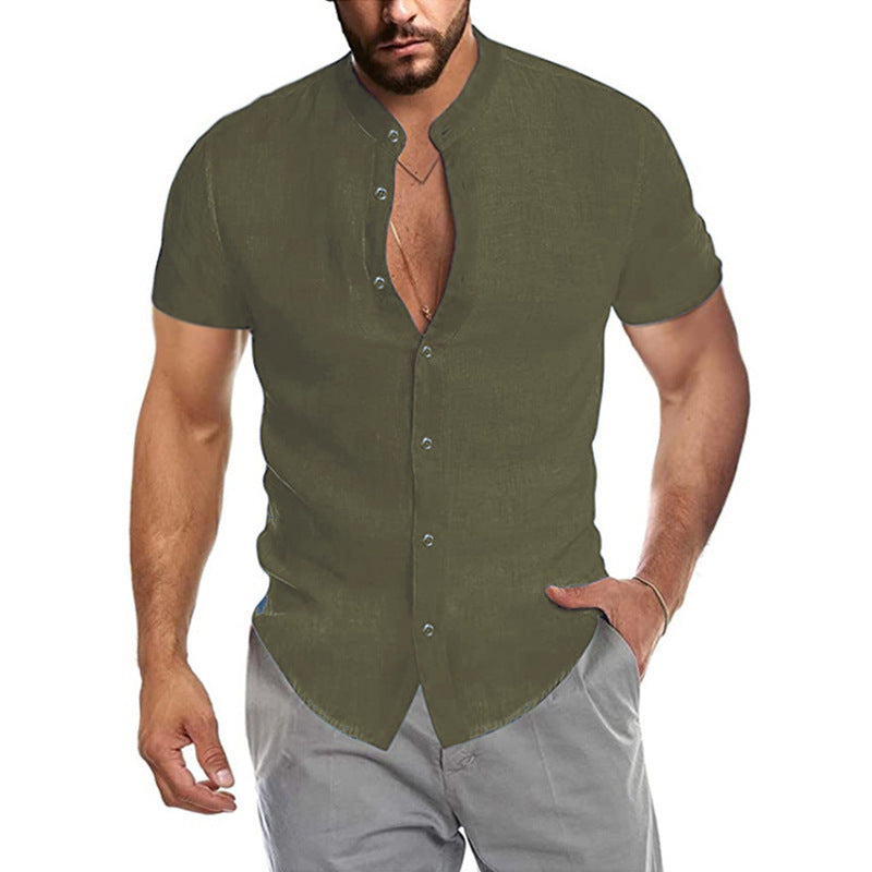 Men's short-sleeve shirt with modern stand-up collar and sophisticated button detail Lisslune