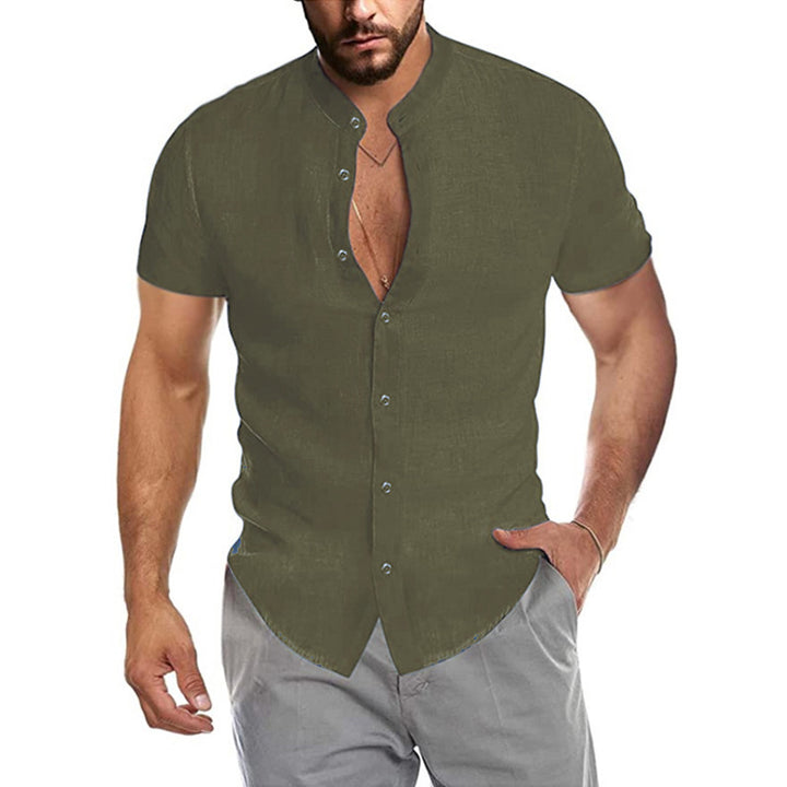 Men's short-sleeve shirt with modern stand-up collar and sophisticated button detail Lisslune