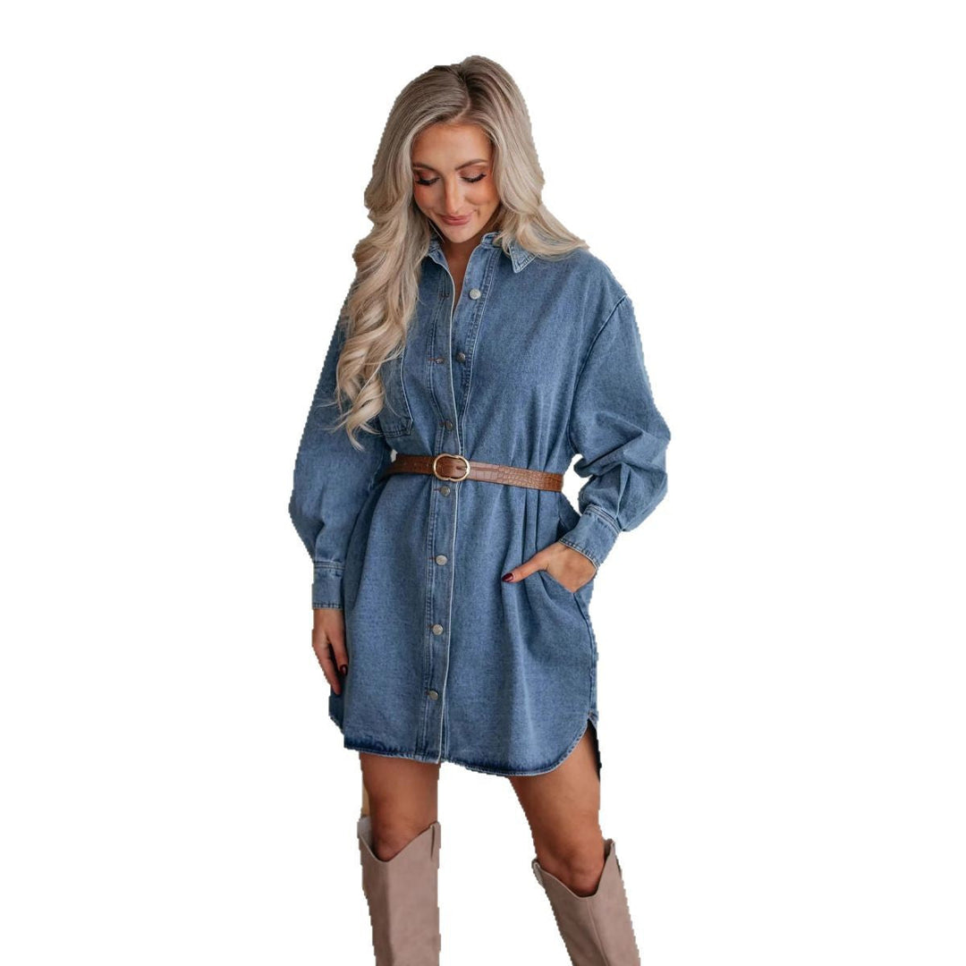 Women's Denim Shirt Dress with Exclusive Belt and Practical Pockets Lisslune