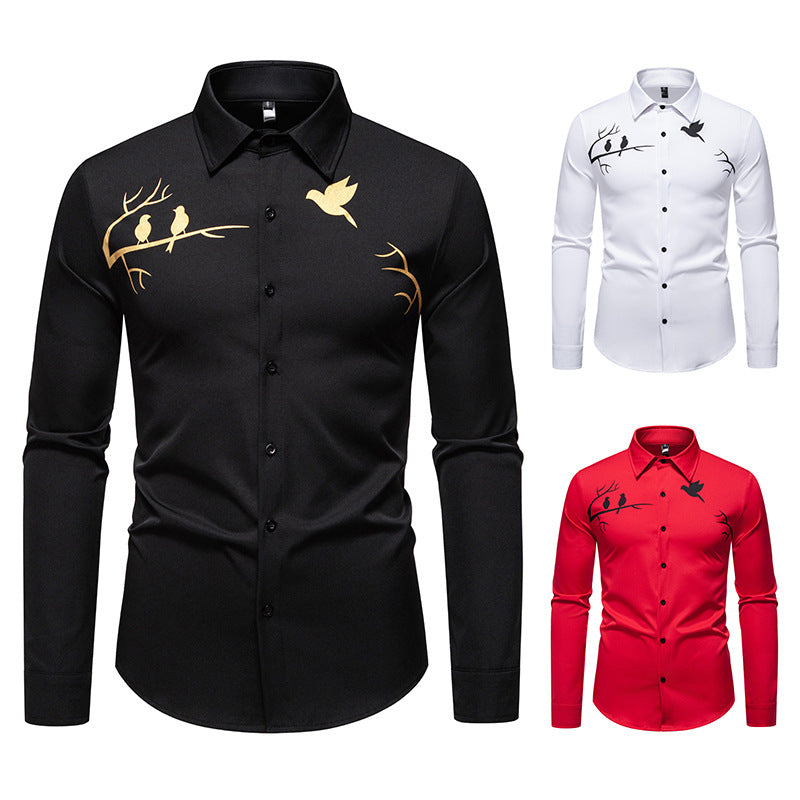 Men's Long Sleeve Shirt with Artistic Bird Motif Lisslune