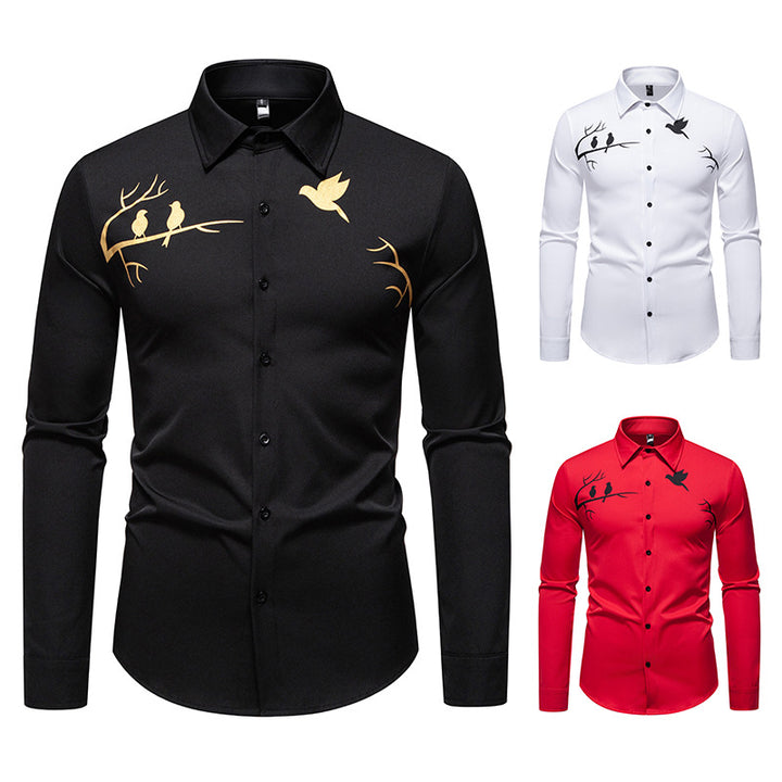 Men's Long Sleeve Shirt with Artistic Bird Motif Lisslune