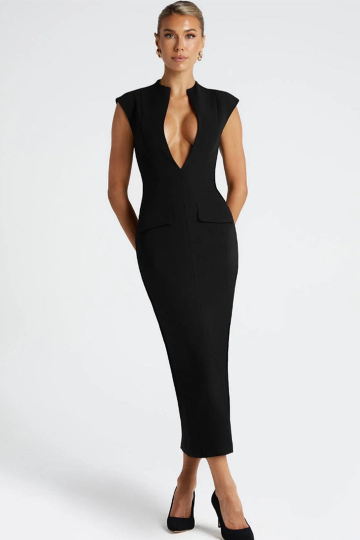 Women's elegant form-fitting dress with deep V-neck and practical pockets