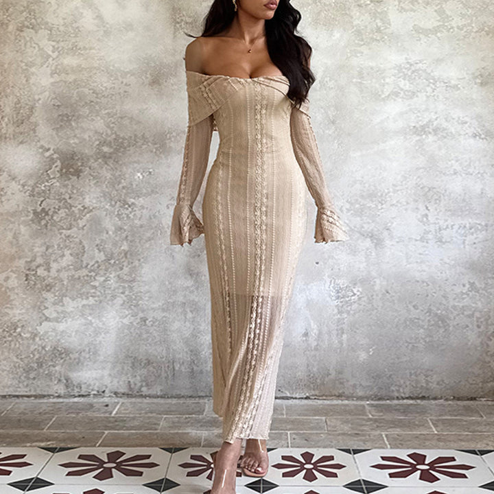 Women's elegant off-shoulder dress with figure-flattering design and knee-length