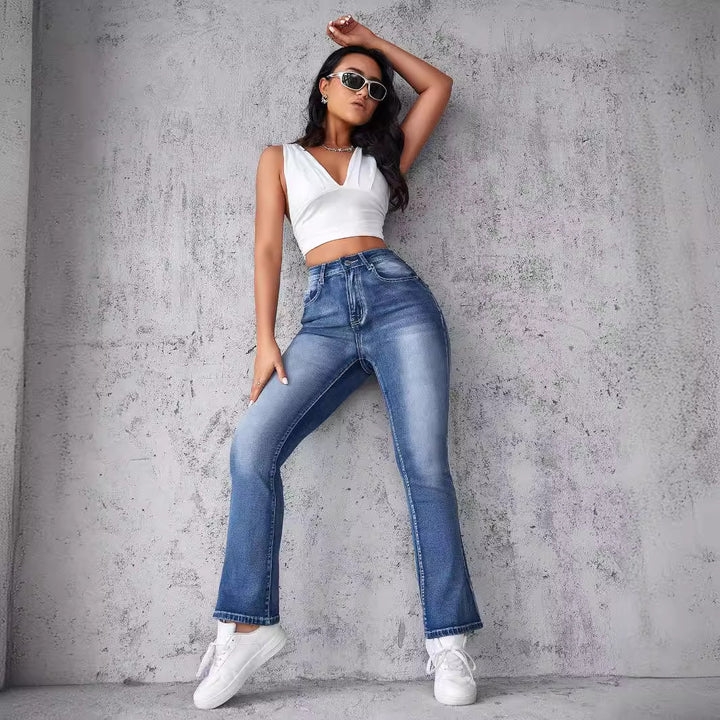 Women High-Waist Stretch Jeans with Cut Hem Lisslune
