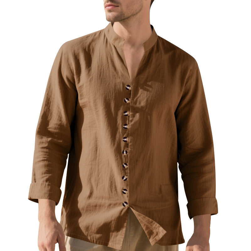 Men's casual long-sleeve shirt with elegant stand collar and chic button details Lisslune
