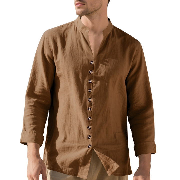 Men's casual long-sleeve shirt with elegant stand collar and chic button details Lisslune