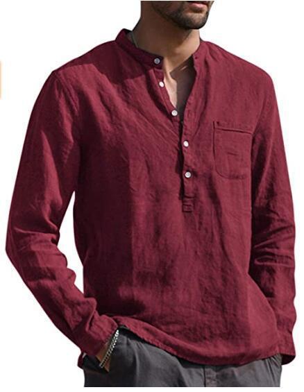 Men's linen shirt with classic Henley neckline and chest pocket Lisslune