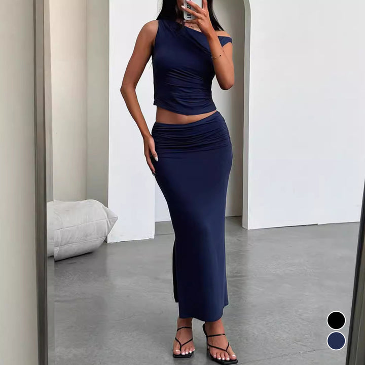 Damen Set aus schulterfreiem Top und Maxi-Rock in gerafftem Design Lisslune