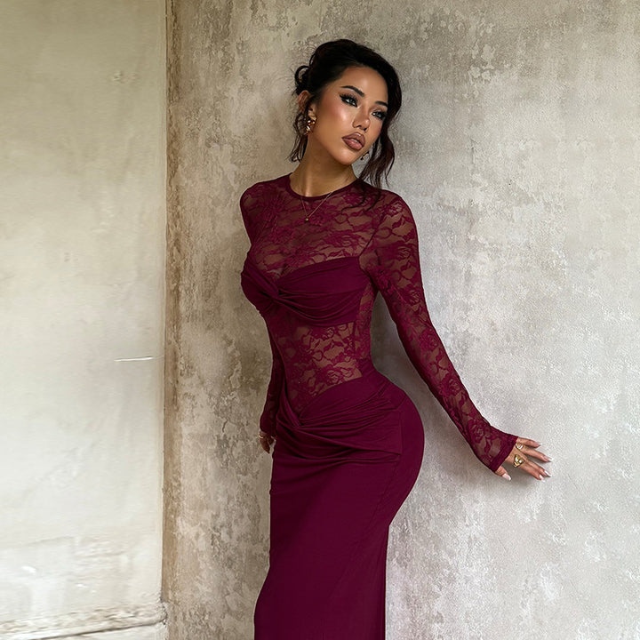 Ladies Elegant Maxi Dress with Lace Top and Sophisticated Draping Details Lune London
