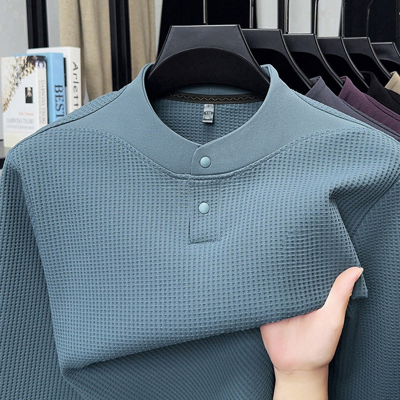 Men's Long Sleeve Shirt with Textured Design and Stand-up Collar Lisslune