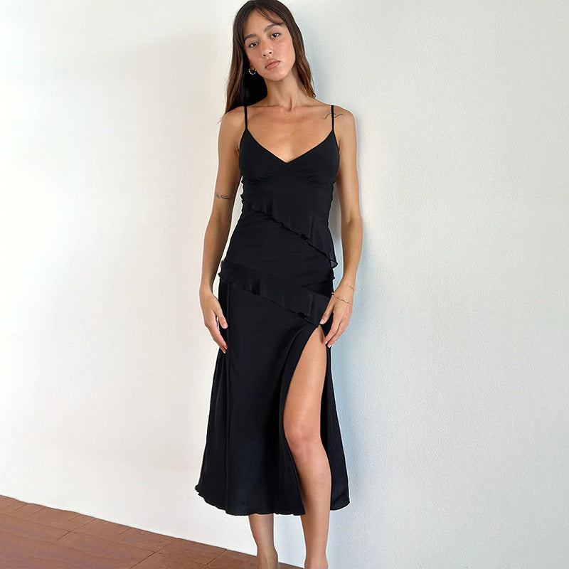 Ladies Elegant Maxi Dress with Playful Ruffle Details and Deep Slit Lune London