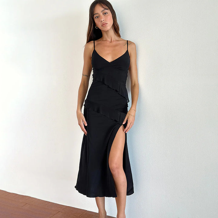 Ladies Elegant Maxi Dress with Playful Ruffle Details and Deep Slit Lune London