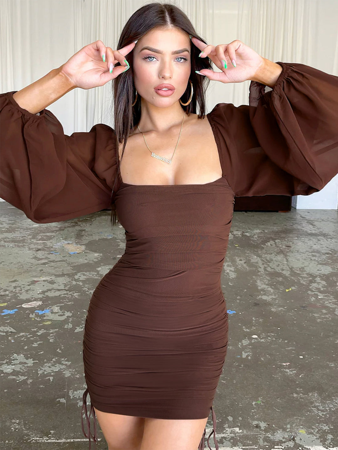 Damen Figurbetontes Minikleid mit puffärmel und seitlicher Raffung Lisslune