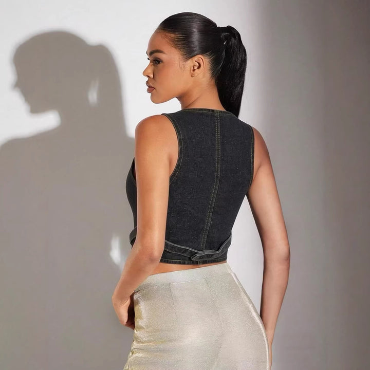 Women's Denim Bustier Top with Button Details and Extended Silhouette Lisslune
