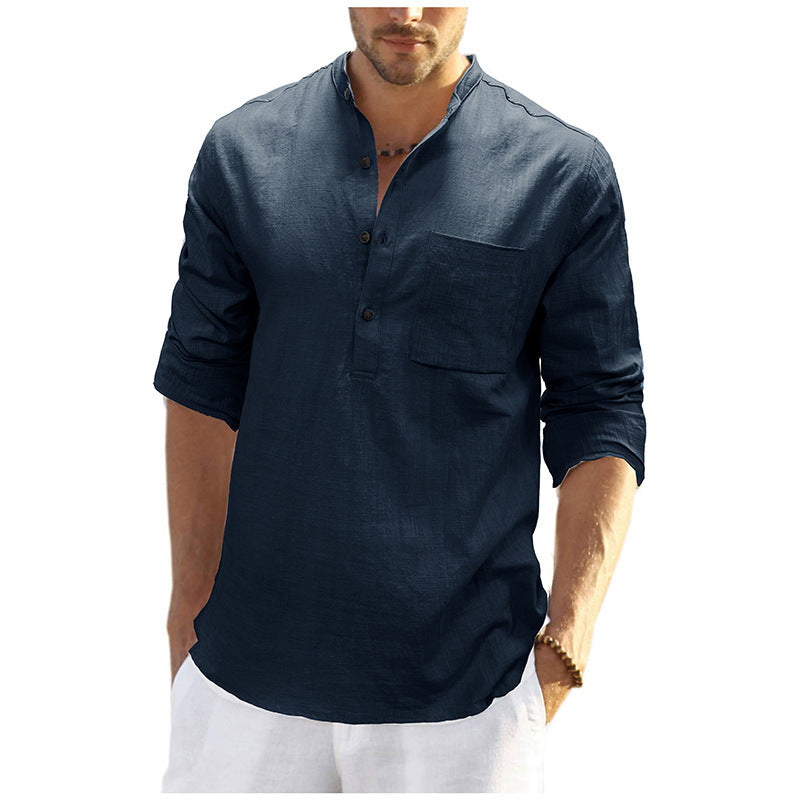 Men's linen shirt with classic Henley neckline and practical chest pocket Lisslune