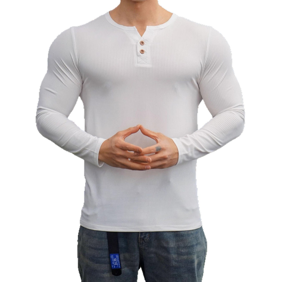 Men's Long Sleeve Henley Shirt with Textured Rib Design Lisslune