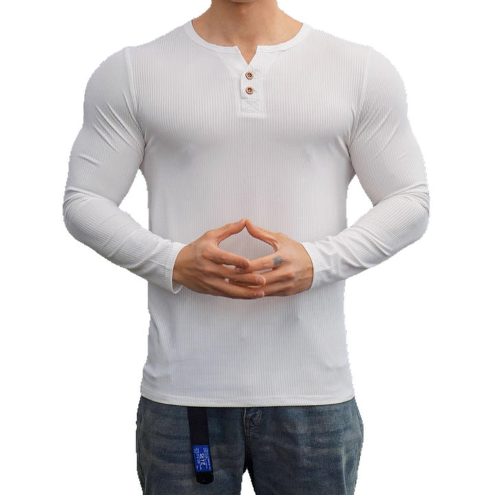 Men's Long Sleeve Henley Shirt with Textured Rib Design Lisslune