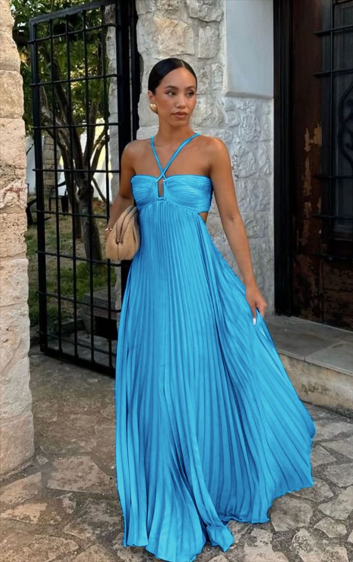 Women's pleated dress with off-the-shoulder design and refined strap details