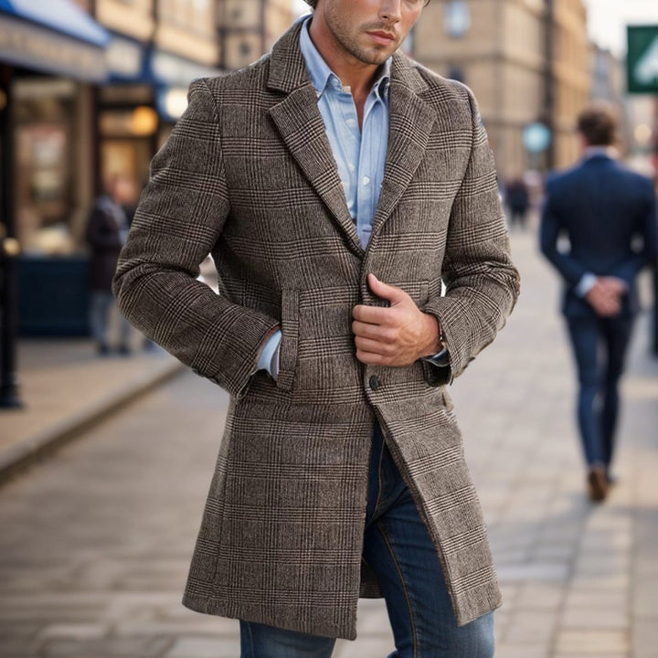 Men's Long Cut Wool Coat with Check Pattern Lisslune