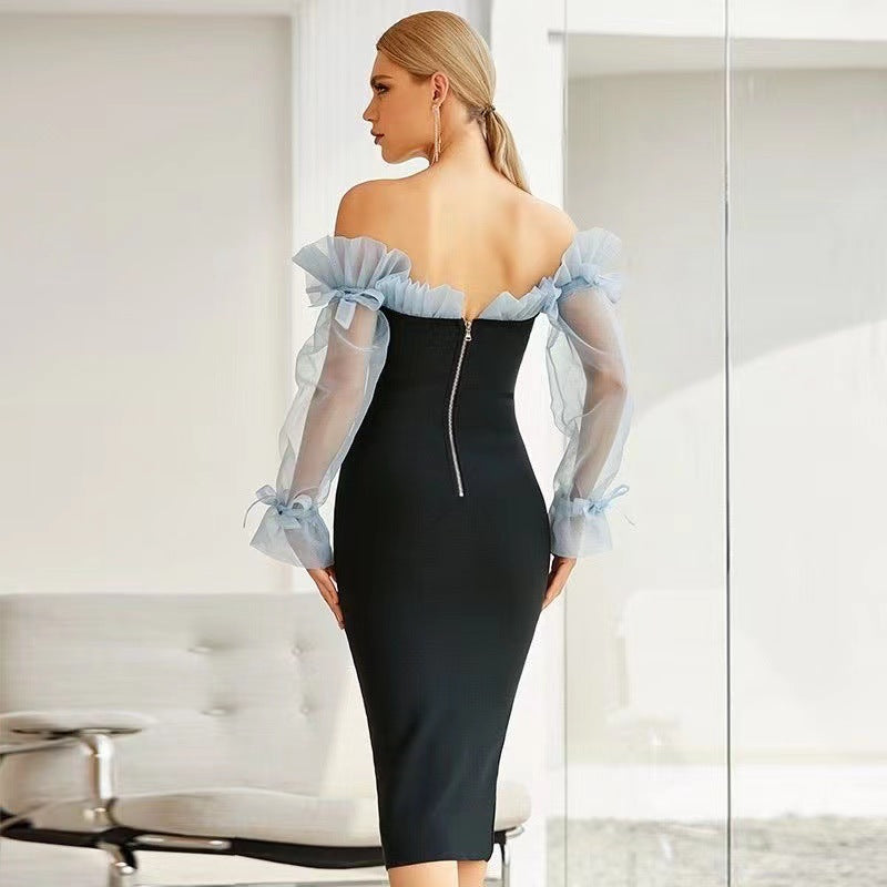 Women's Figure-hugging Cocktail Dress with Transparent Puff Sleeves and Elegant V-neck