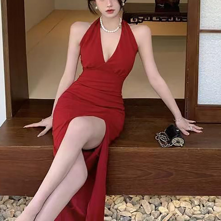 Women elegant maxi dress with deep V-neck and side slit