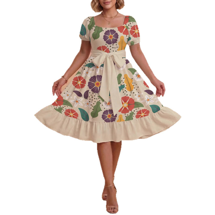 Women's Midi Dress with Elegant Floral Print and Fitted Belt Lisslune