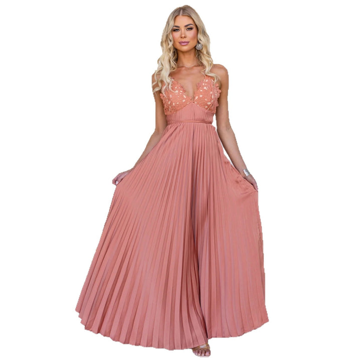 Women's Pleated Maxi Dress with Embellished Straps and Elegant Waist Belt