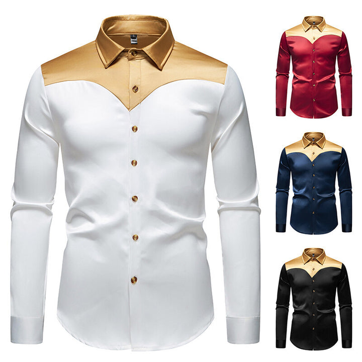 Men's Elegant Shiny Long Sleeve Shirt with Contrasting Collar Lisslune