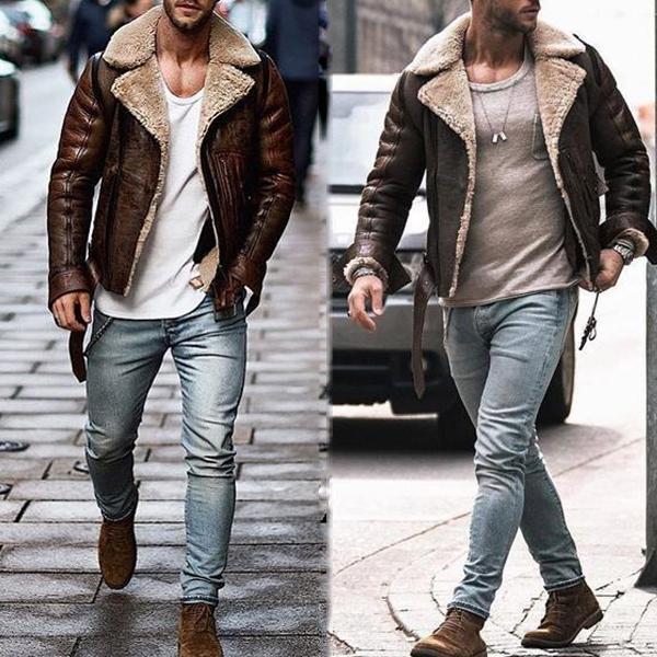 Men's leather jacket with collar-shaped teddy lining Lisslune