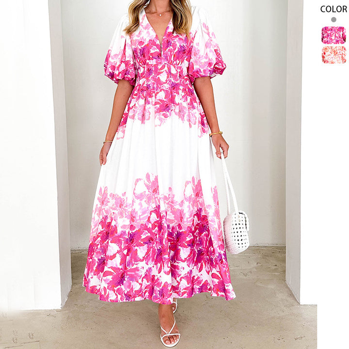 Women's maxi dress with voluminous puff sleeves and flowing cut
