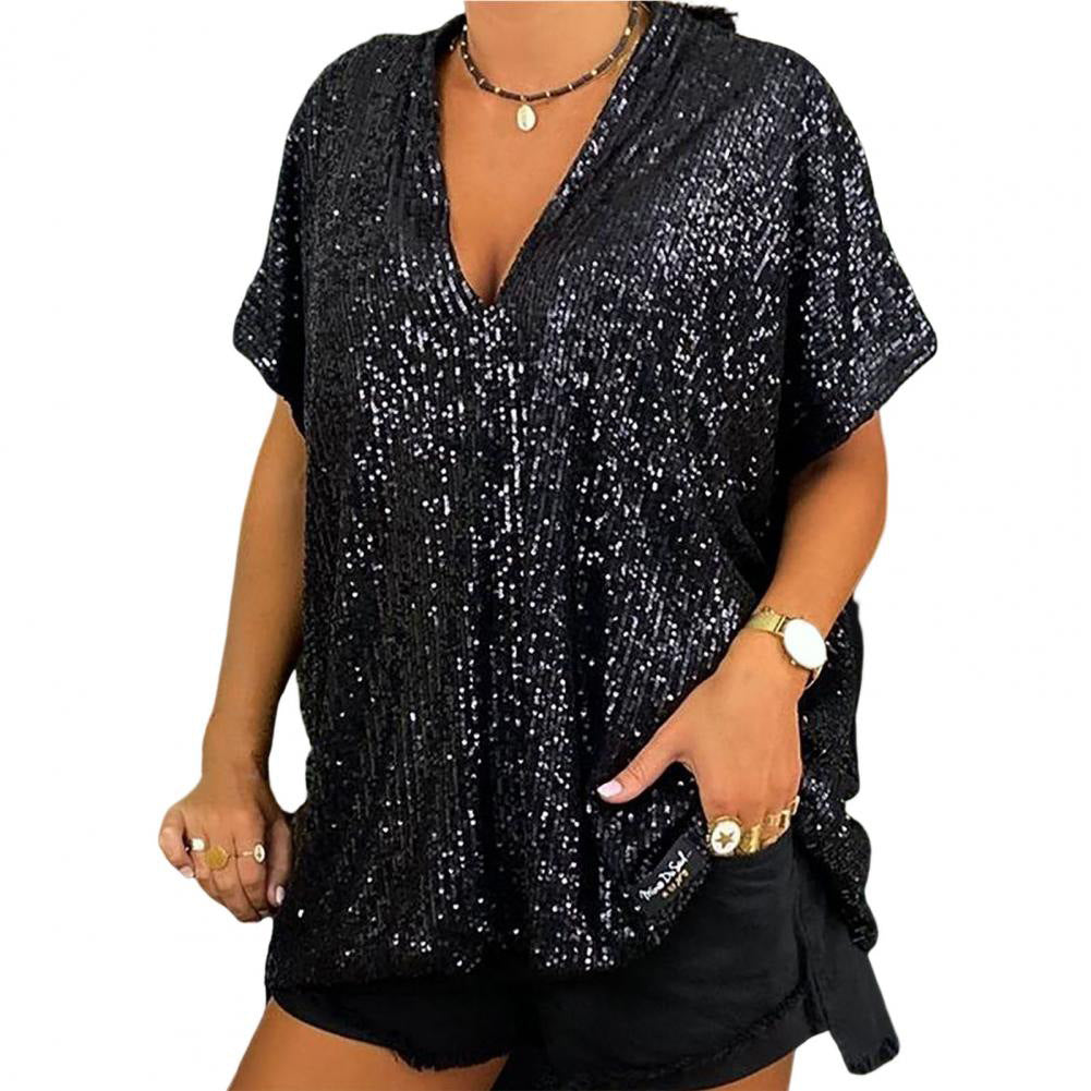 Women Sparkling Sequin Top with Casual Cut and V-Neck Lisslune