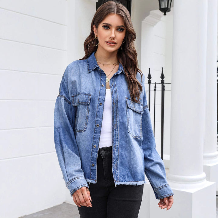 Women's Casual Denim Shirt Jacket with Fringed Cuffs and Practical Pockets Lisslune