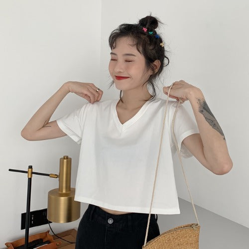 Women Short Sleeve T-Shirt with V-Neck and Casual Cut