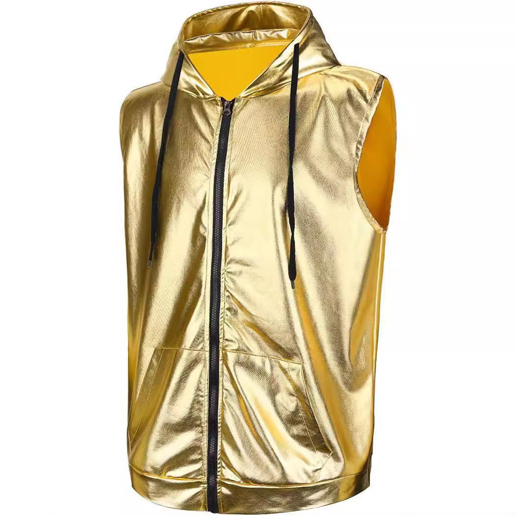 Men's hooded vest with glossy outer material and practical pockets Lisslune