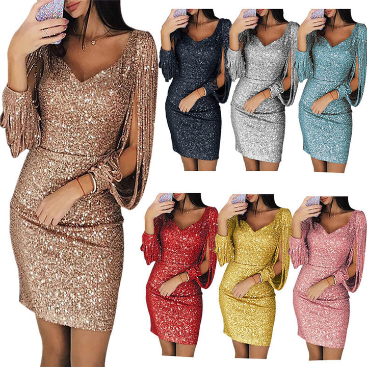 Damen Glitzerndes Cocktailkleid mit tiefem V-Ausschnitt und schwingenden Ärmeln Lisslune