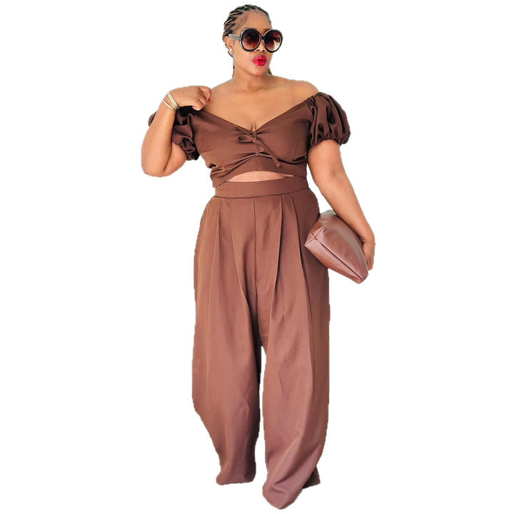 Women's Crop Top and Palazzo Pants Set with Voluminous Sleeves and Elegant Pleats Lisslune