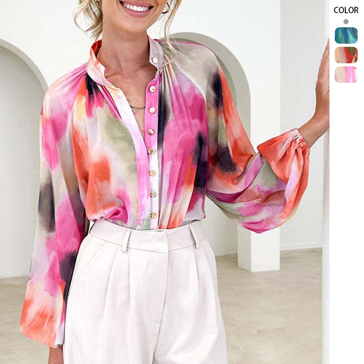 Ladies Transparent Blouse with Balloon Sleeves and Floral Print Lisslune