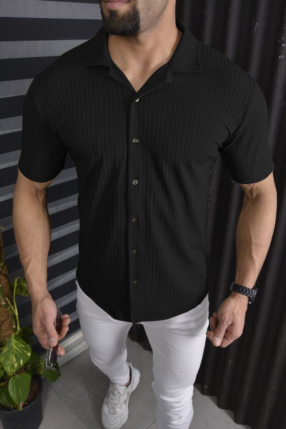Men's Short Sleeve Shirt with Fine Ribbed Design Lisslune