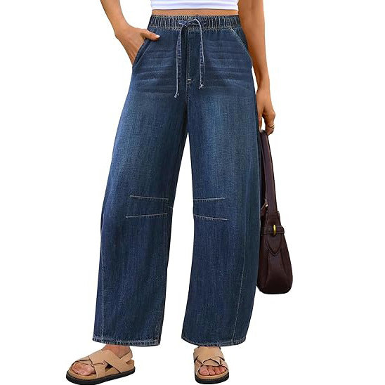 Damen weite Denim-Hose mit elastischem Bund und praktischem Schnitt Lisslune