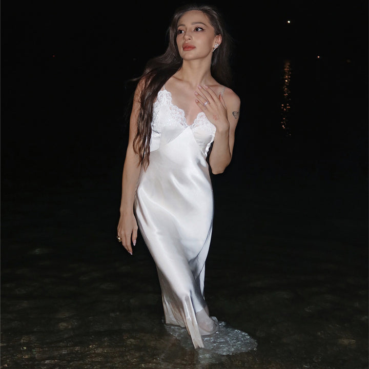 Ladies Satin Nightgown with Lace Accents Lisslune
