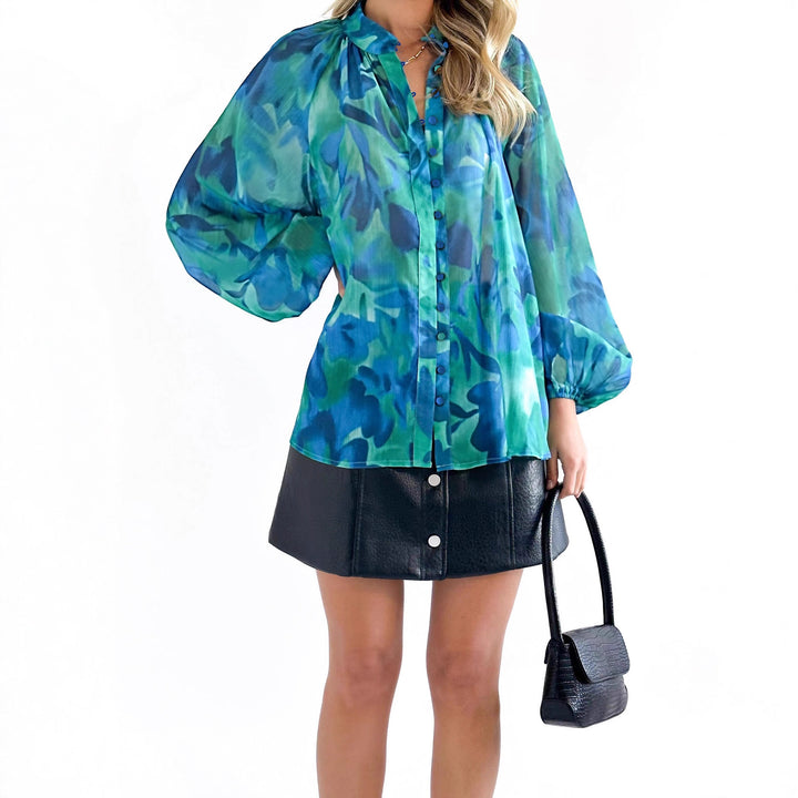 Ladies Transparent Blouse with Balloon Sleeves and Floral Print Lisslune