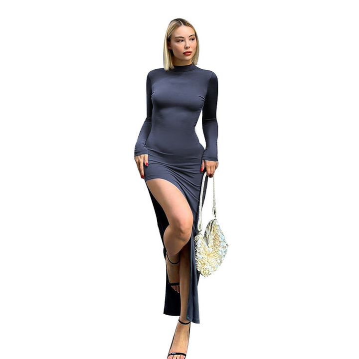 Women's long-sleeved minidress with high slit and elegant stand-up collar Lune London