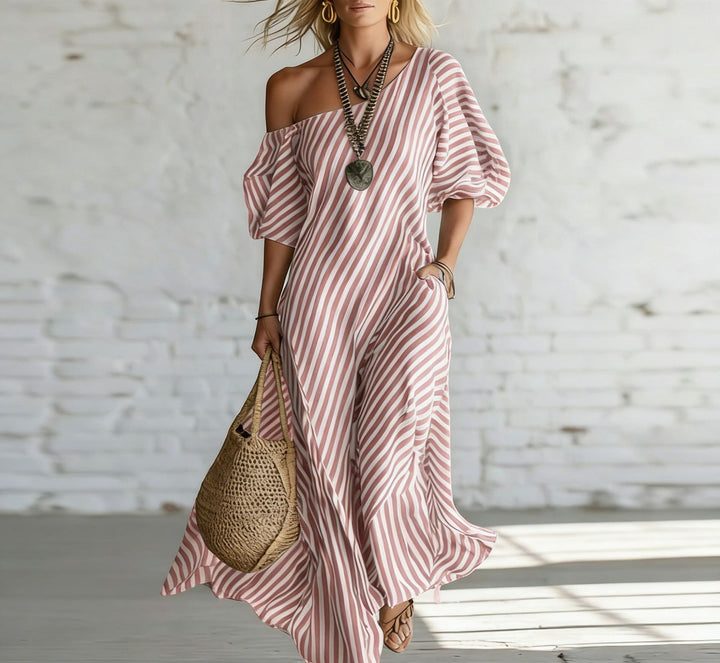 Women's maxi dress with asymmetrical cut and striking stripes Lisslune